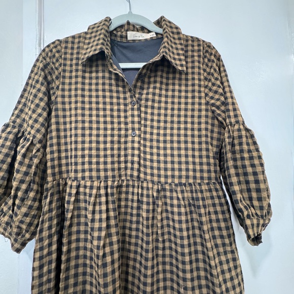 Checked Tiered Midi Dress in Brown and Black - Picture 2 of 4